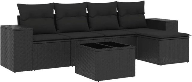 vidaXL 6-teilige Garten-Sofagarnitur in L-Form aus schwarzem Poly-Rattan mit Polsterkissen und Metallrahmen - Bild 1