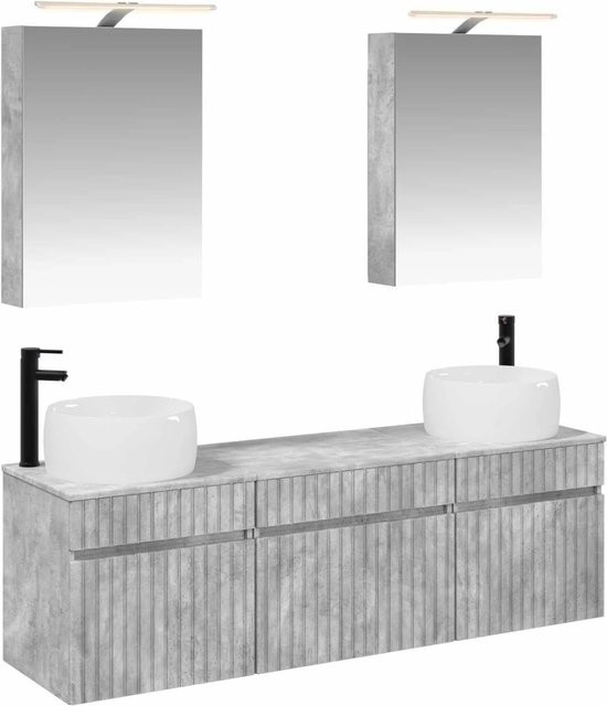 vidaXL Badezimmerschrank-Set 5-teilig in Betongrau mit LED-Spiegelschrank und Waschtischunterschrank, B/T/H: 50 x 14,5 x 70 cm - Bild 1
