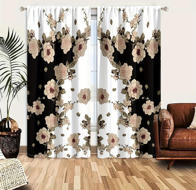 2 Stück Dekorative Vorhänge im Europäischer Stil mit Retro 3D-Print, Transparentes Polyester mit Blumenmuster, Farbe: Weiß, B x H: 100 x 130 cm - Bild 1