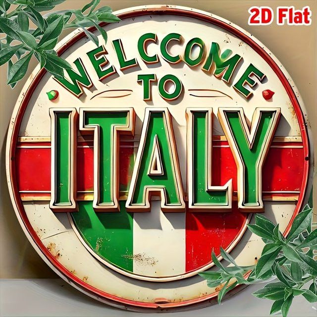 Potdemiel Retro Aluminium Wandschild Welcome to Italy Rund in italienischen Flaggenfarben - Bild 1