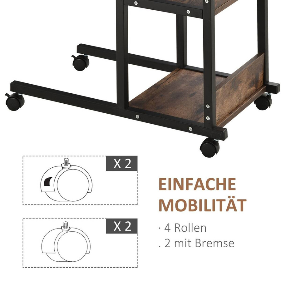 HOMCOM Beistelltisch mit Rollen und 2 Regalen, höhenverstellbar, Schwarz oder Braun, Metall, B: 80 cm, T: 40 cm, H: 72-82 cm - Bild 5
