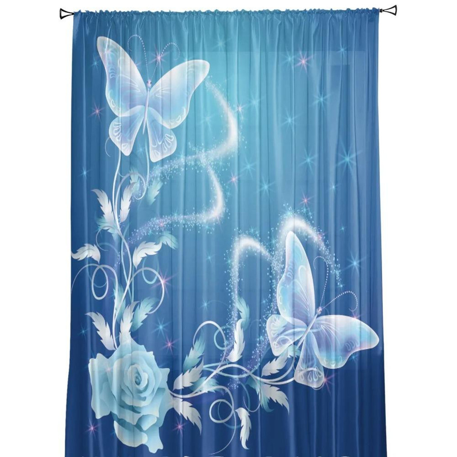 Yiran Furniture Voile-Vorhang mit Blumen- und Schmetterlingsmuster in Blau, Breite: 135 cm, Höhe: 160 cm - Bild 1