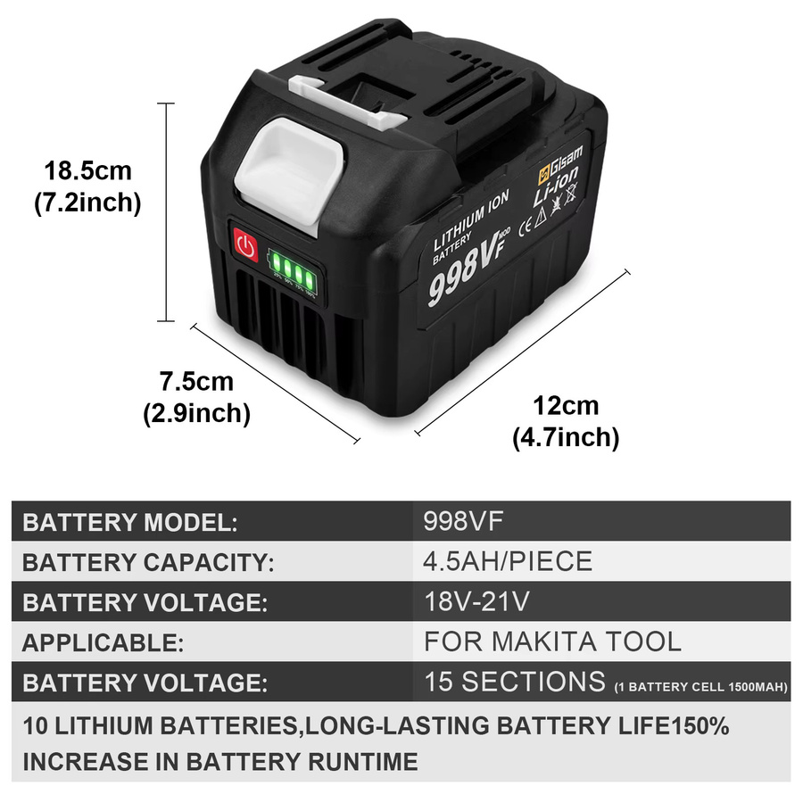 Gisam Wiederaufladbare Lithium-Ionen-Batterie 18V mit Kapazitätsanzeige für Makita Elektrowerkzeuge, Schwarz - Bild 4