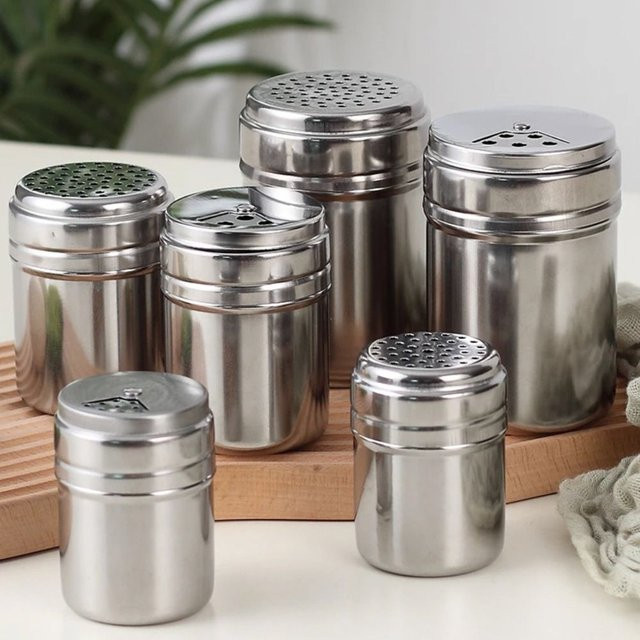 Mehrzweck-Gewürzglas aus Edelstahl in Silber mit drehbarer Abdeckung für Salz, Zucker und Pfeffer - Bild 1