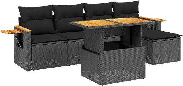 vidaXL 6-teilige Garten-Sofagarnitur in L-Form aus schwarzem Poly-Rattan mit Kissen und pulverbeschichtetem Stahlrahmen - Bild 1