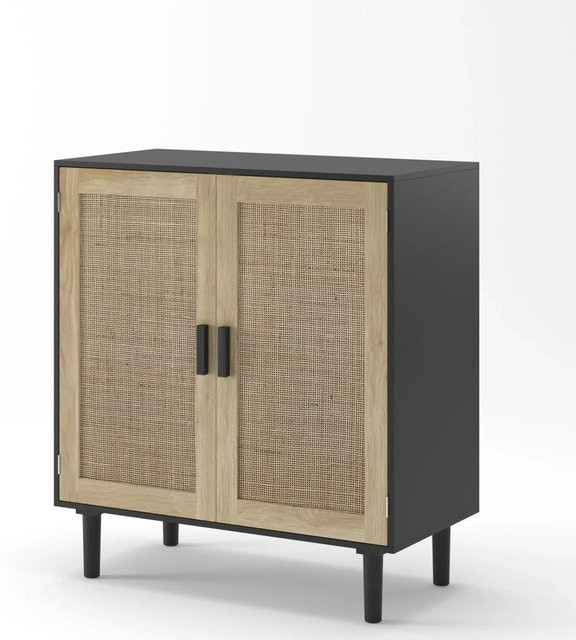 PXloue Rattan Sideboard Aufbewahrungsschrank mit 2 Türen in Schwarz Matt, Breite: 80 cm, Höhe: 88 cm, Tiefe: 40 cm - Bild 1