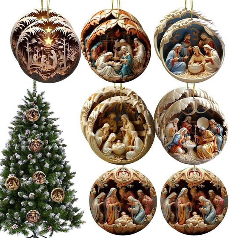 12er Set Jesus Krippe Holz Anhänger für den Weihnachtsbaum, mehrfarbige christliche Hängeornamente zur Geburt Jesu - Bild 1