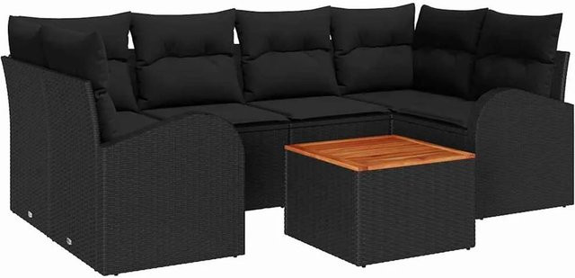 vidaXL 7-teiliges Garten Sofa Set in Schwarz aus Polyrattan und Akazienholz mit Kissen und Ottoman für Terrasse und Balkon - Bild 1