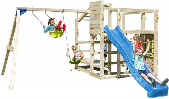 Spielturm CROSSFIT von Spielturmking mit Rutsche und Doppelschaukel in Blau, Grün und Multicolour aus Holz und Kunststoff - Bild 1