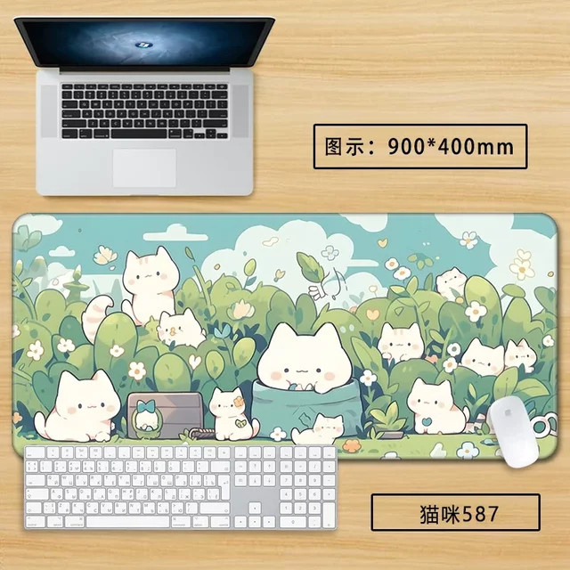 Potdemiel XXL Mauspad mit Kawaii Cartoon-Katze in Grün, rutschfeste Schreibtischunterlage für Büro und Gaming - Bild 1