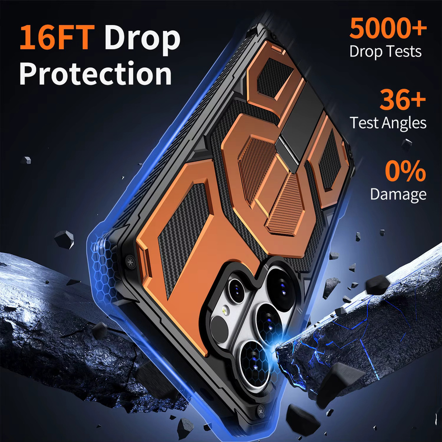 Militärische Panzerung Magnetische Metall-Standhalterung Hülle für Samsung Galaxy S26 Ultra S25 Fe S24 Plus A56 A16 A57 5G mit MagSafe Kompatibilität in Blau und Orange - Bild 2