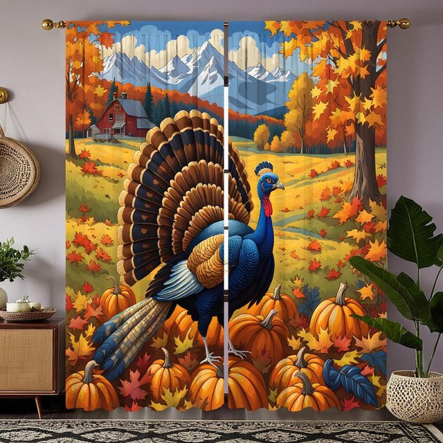 2er Set Dekovorhang Erntefest mit Kürbis und Ahornblumen, Gelb und Orange, B: 132 cm, H: 160 cm - Bild 1