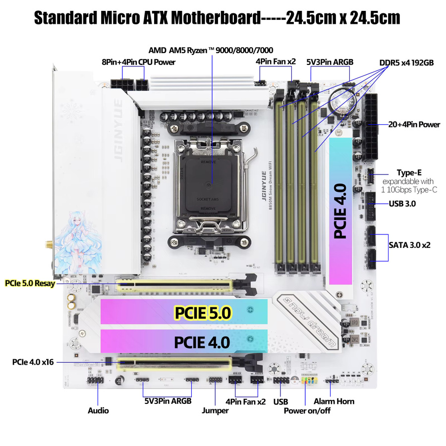 JGINYUE B850M Snow Dream WIFI Motherboard Sockel AM5 in Weiß mit DDR5-Unterstützung für Ryzen 9000/8000/7000 Serie - Bild 2