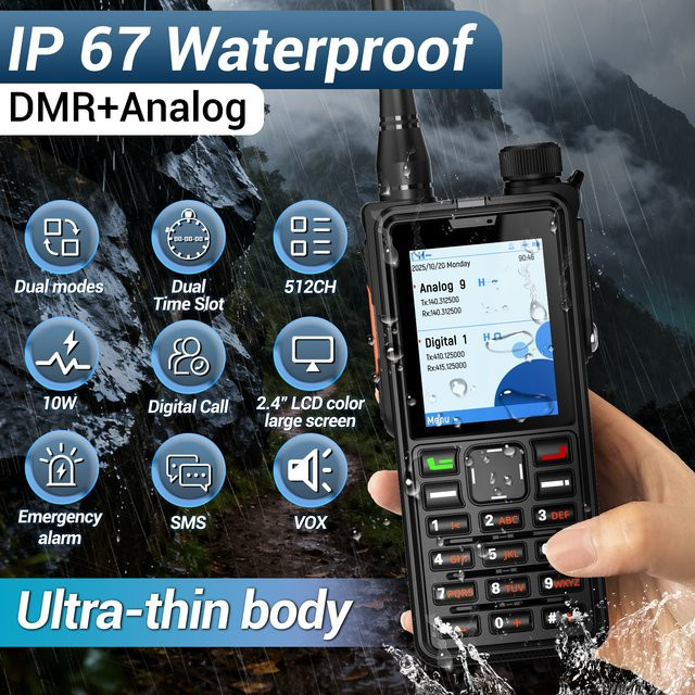 ABBREE DMR AR-880 Digitales Walkie-Talkie in Schwarz, 10 W, IP67 wasserdicht, analoges Handfunkgerät mit Dualzeit-Steckplatz, VHF/UHF, Amateurfunk - Bild 1