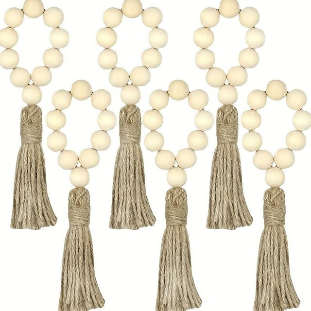 6 Stück Serviettenringe von SZ-Damai im Pastoralstil mit Holzperlenfransen und handgewebten Schnüren in Beige - Bild 1