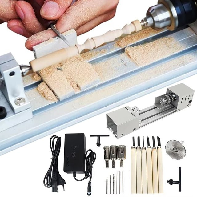 Onkel.J Mini-Holzdrehmaschine 12-24V in Silber für DIY Holzbearbeitung und Buddha-Perlen-Schleifen sowie Polieren - Bild 1