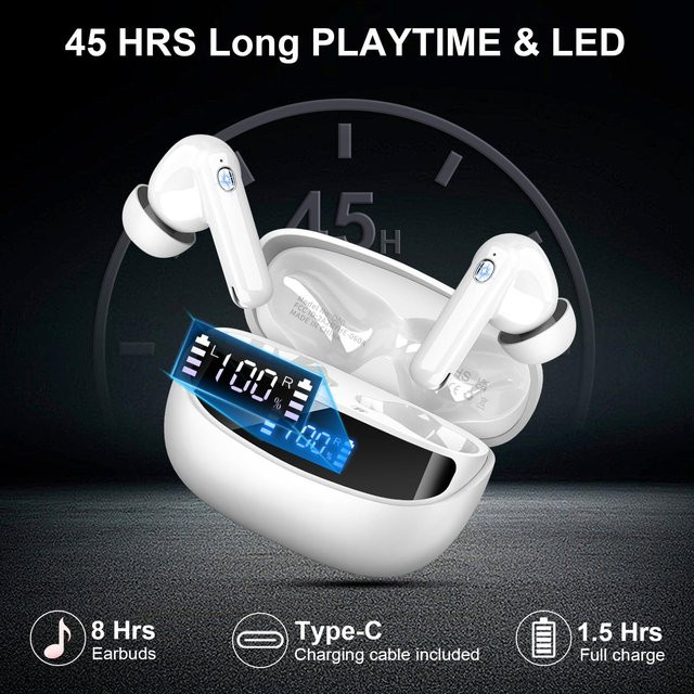 Kuizil Kabellose Bluetooth 5.4 Ohrhörer mit Hi-Fi Stereo, ENC Geräuschunterdrückung, LED-Anzeige und 48h Akkulaufzeit, IP7 Wasserdicht, 13mm Treiber in Blau und Weiß - Bild 1