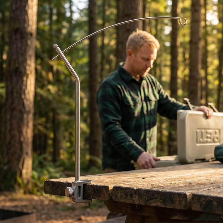 PACOONE Camping-Lichtständer aus Aluminiumlegierung in Schwarz mit verstellbarem Lampenhalter und Hängehaken - Bild 4
