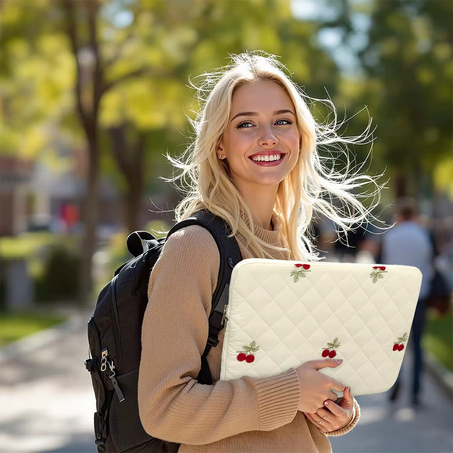 BOKEN Laptop-Hülle mit Kirschstickerei in Beige für MacBook Air/Pro, Lenovo und Dell, tragbare Laptoptasche für 13 bis 15 Zoll (40,6 cm) - Bild 4