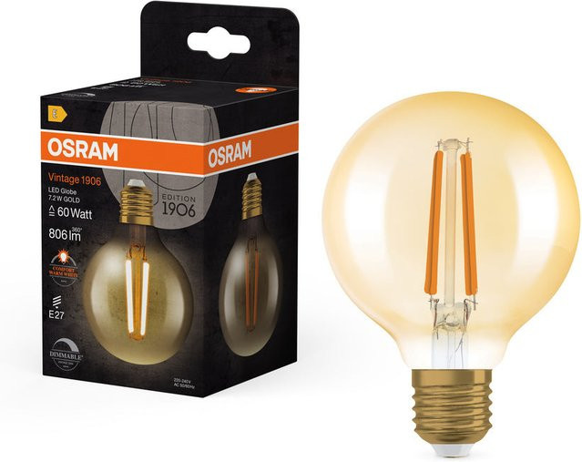Osram Vintage 1906 LED Lampe Globe Dimmable E27 Gold/Messing Transparent 7.2W 806 lm 2400 K Warmweiß - Bild 1