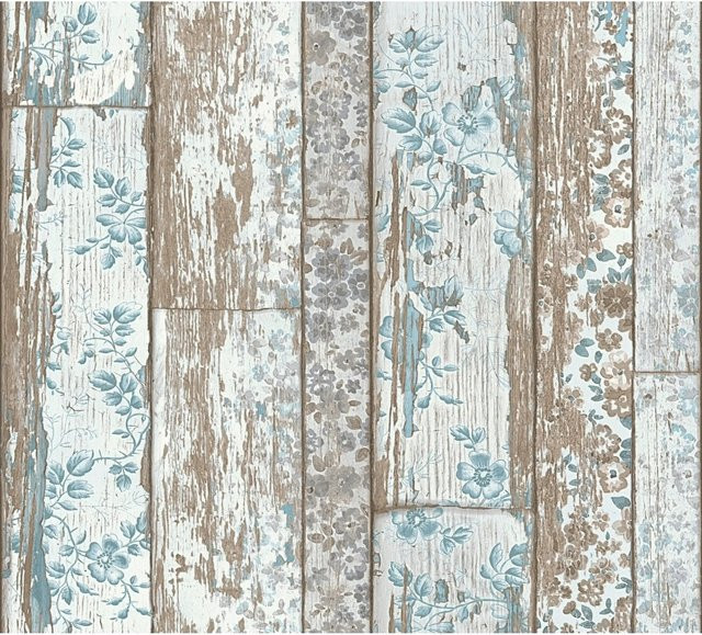 A.S. Création Vliestapete Bude 2.0 in Holzoptik mit Blättermuster, Matt, Beige Braun Blau, FSC-zertifiziert - Bild 1