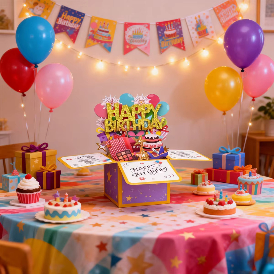 Handgefertigte 3D Pop-Up Geburtstagskarte Happy Birthday in Lila und Mehrfarbig - Bild 3