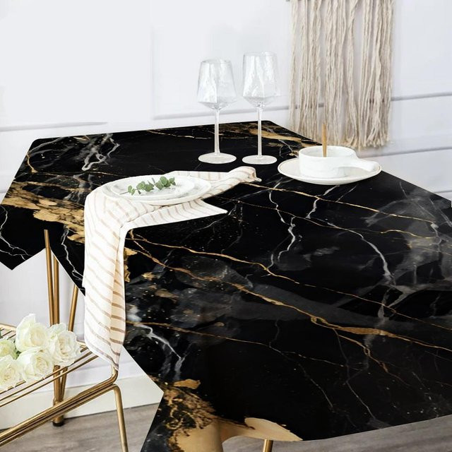 Potdemiel Tischdecke Rechteckig in Schwarz Gold Marmor Optik, Wasserdichtes Wachstuch, B/T: 100 x 160 cm - Bild 1