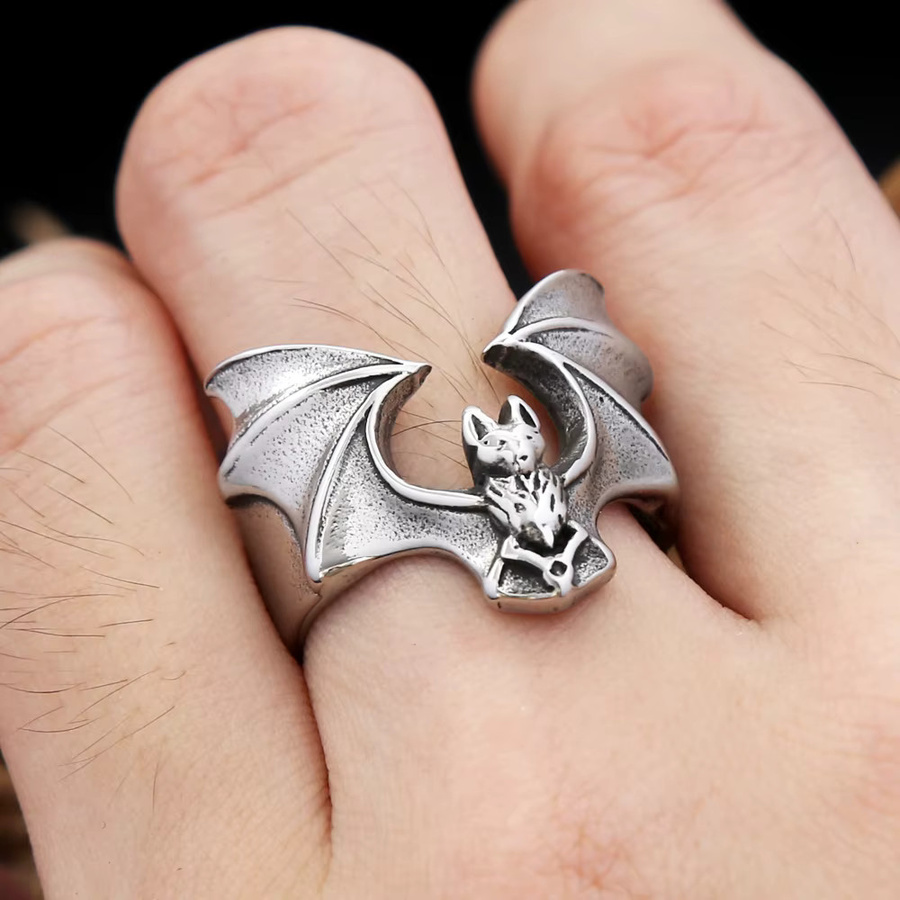 owlucky Fledermaus Ring, Edelstahl, Silber, Unisex, Vintage - Bild 5