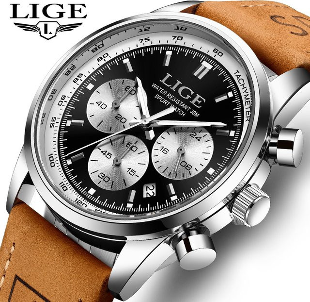 LIGE Armbanduhr Chronograph, Quarz, Leder, Schwarz, Herren - Bild 1