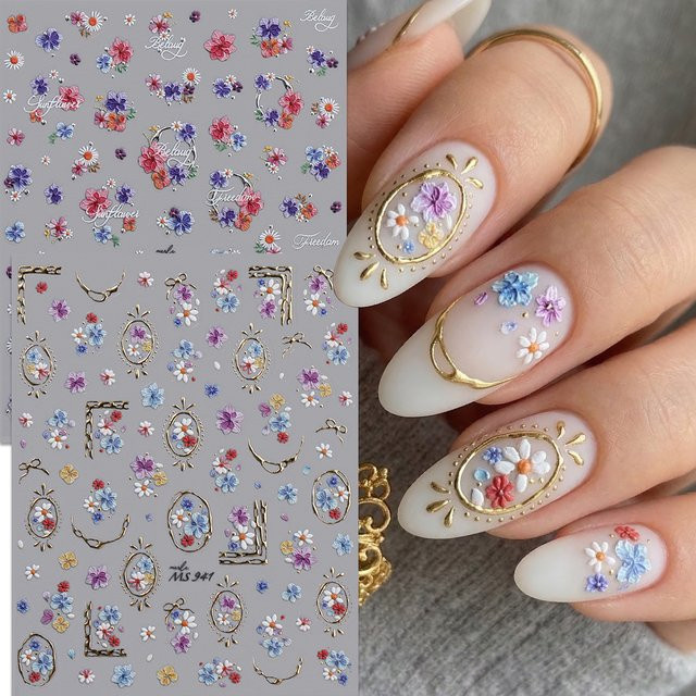 QIANJIKU Nagelsticker, Blumen & Wort, Elfenbein, Glänzend, 2 Stück - Bild 1