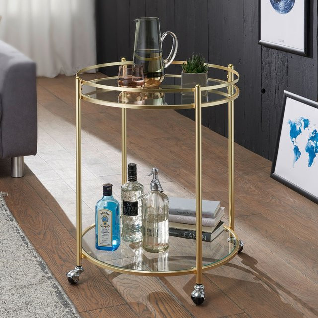 FineBuy Servierwagen Gold mit zwei Ablageflächen und Rollen, Durchmesser: 57 cm, Höhe: 75 cm - Bild 1