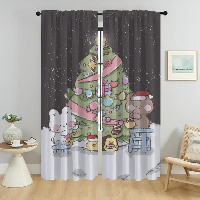 2er-Set Weihnachts-Küchenvorhänge aus Tüll als Anti-Mücken-Vorhang und Halloween-Dekoration für Schlafzimmer, Mehrfarbig, B: 50 cm, H: 70 cm - Bild 1