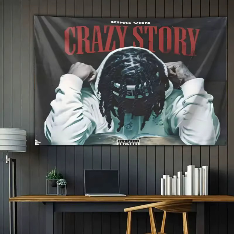 VIKAMA King Von Crazy Story Wandteppich Hip-Hop Album Cover Wandbehang Musik Wandkunst, Mehrfarbig - Bild 5