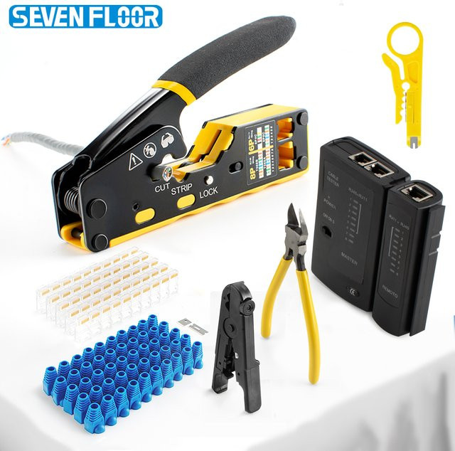 Seven Floor Cat6 RJ45 Crimpzangen-Set mit Kabeltester, Schneidklingen, 50 Steckverbindern und Zugentlastungsstiefeln - Bild 1