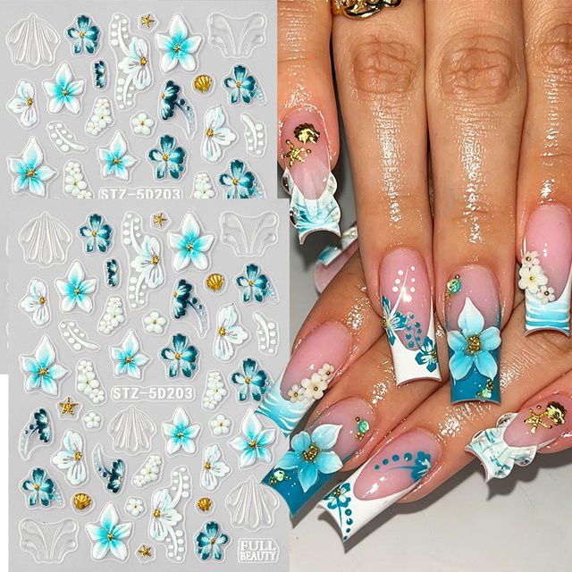 Full Beauty Nagelkunst Aufkleber, Teal Hibiskus Blumen, Glänzend - Bild 1