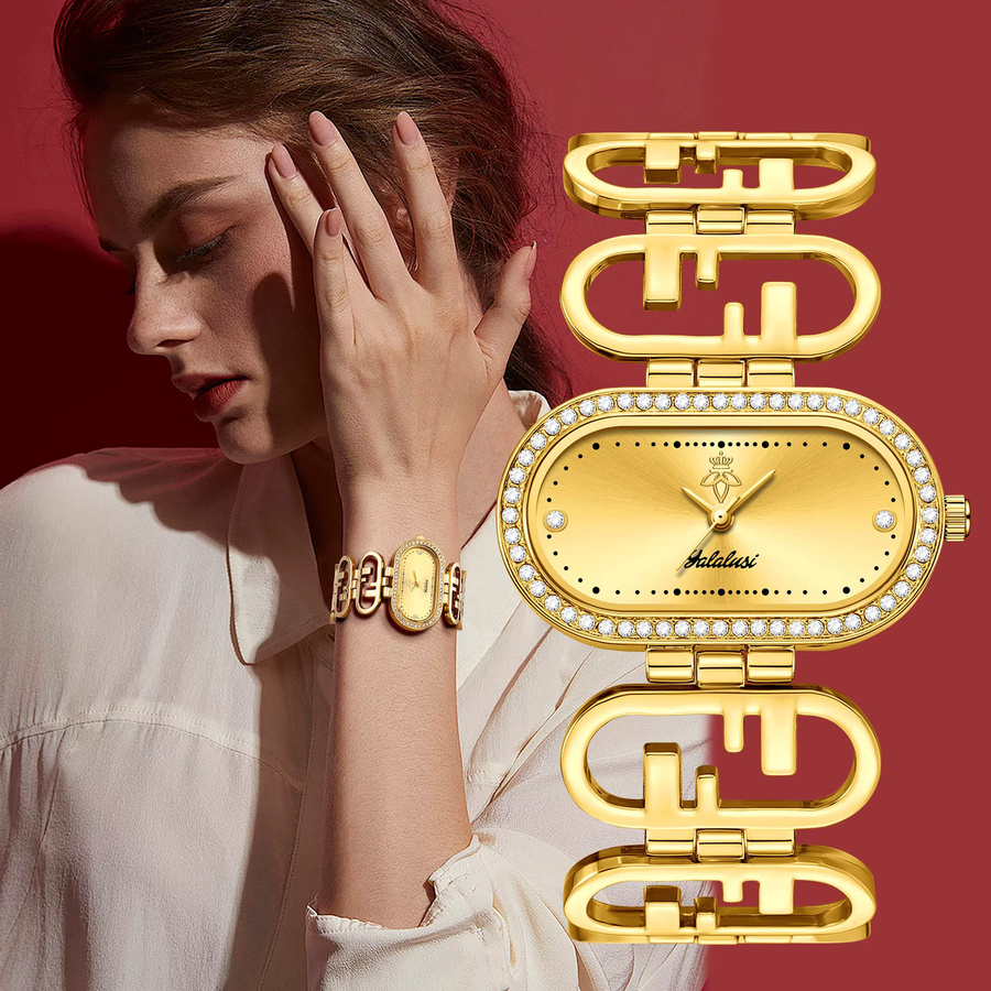 YaLaLuSi Armbanduhr, Quarz, Edelstahl, Diamantbesetzt, Damen, Weiß, Gold - Bild 4