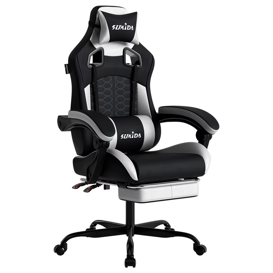 SUKIDA Ergonomischer Racing-Gaming-Stuhl in Schwarz-Weiß mit Kopfstütze und Lordosenstütze, verstellbar und drehbar aus Kunstleder - Bild 7