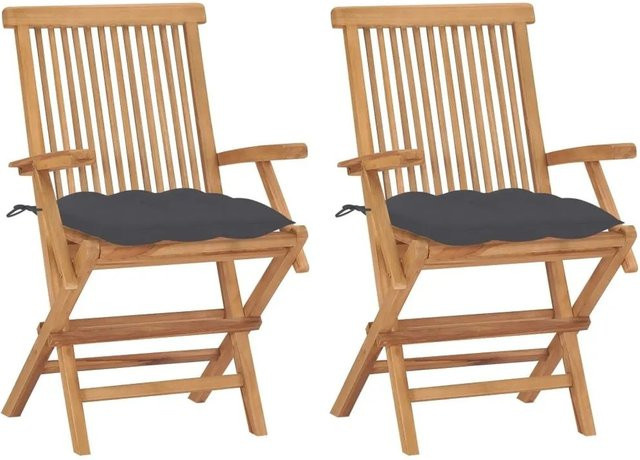 vidaXL Gartenstühle aus Teak-Massivholz mit Anthrazit Kissen, 2er Set, stapelbar - Bild 1