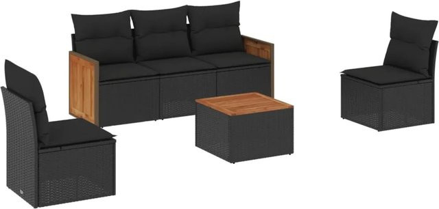 vidaXL 6-teilige Garten-Sofagarnitur aus Poly-Rattan und Akazienholz in Schwarz mit Kissen - Bild 1