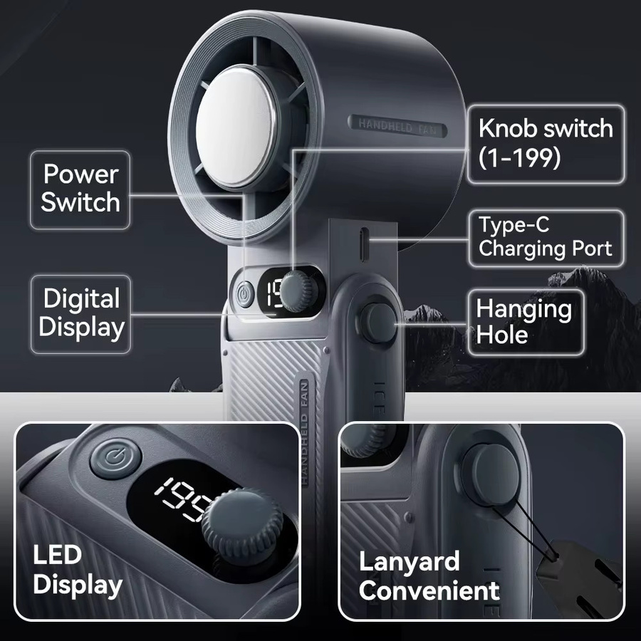 AIRUIDU Tragbarer Handventilator in Schwarz mit 199 Windgeschwindigkeitsstufen, LED-Digitalanzeige und 8000 mAh Akku - Bild 6