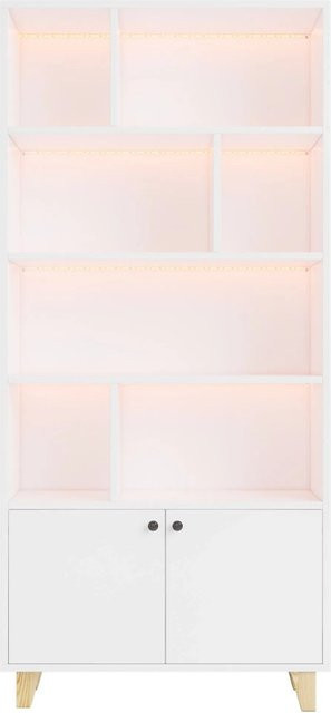 PXloue LED Bücherregal aus Massivholz in Weiß mit 4 Ablagen und Doppeltüren, B/T/H: 80 x 30 x 173 cm - Bild 1