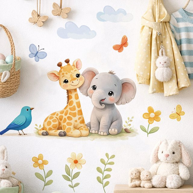 Kingsmile Wandaufkleber für Kinderzimmer mit Aquarell Giraffe, Elefant und Blumen in Mehrfarbig - Bild 1