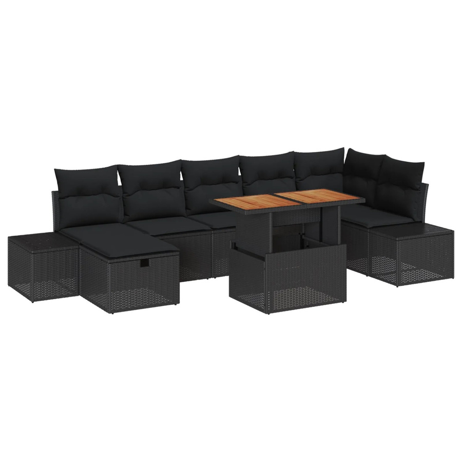 vidaXL 8-teiliges Garten-Esszimmer-Set aus Polyrattan und Akazie in Schwarz mit Kissen - Bild 2
