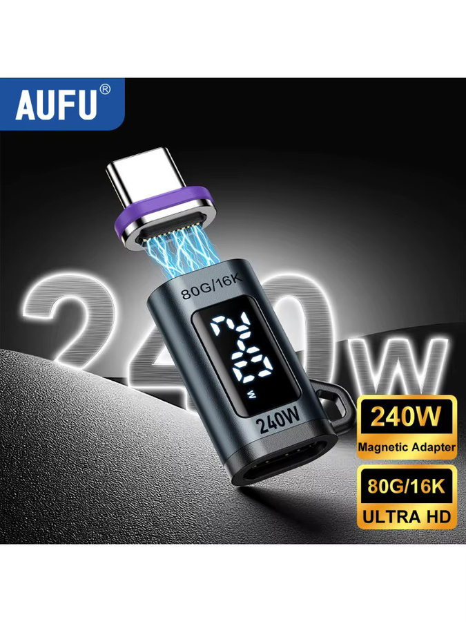 AUFU Magnetischer USB-C zu Typ-C Adapter mit Digitalanzeige, 240W Schnellladung, USB4 Anschluss mit 80Gbps für Thunderbolt5 und iPhone 16, Schwarz - Bild 7