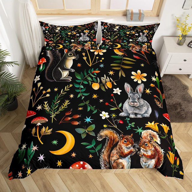 Bettwäscheset mit Eichhörnchen-Motiv in Blau, Aquarell-Design mit Sternenhimmel und Mond, bestehend aus Bettbezug und Kissenbezug von Binchi Outdoor Product, B/H: 135 x 200 cm - Bild 1
