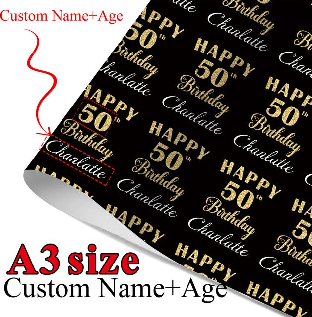 3 Blatt personalisiertes Bastelpapier für Geburtstagsgeschenke in Schwarz mit individuellem Happy Birthday, Name und Alter für deine Party-DIY-Verpackung - Bild 1