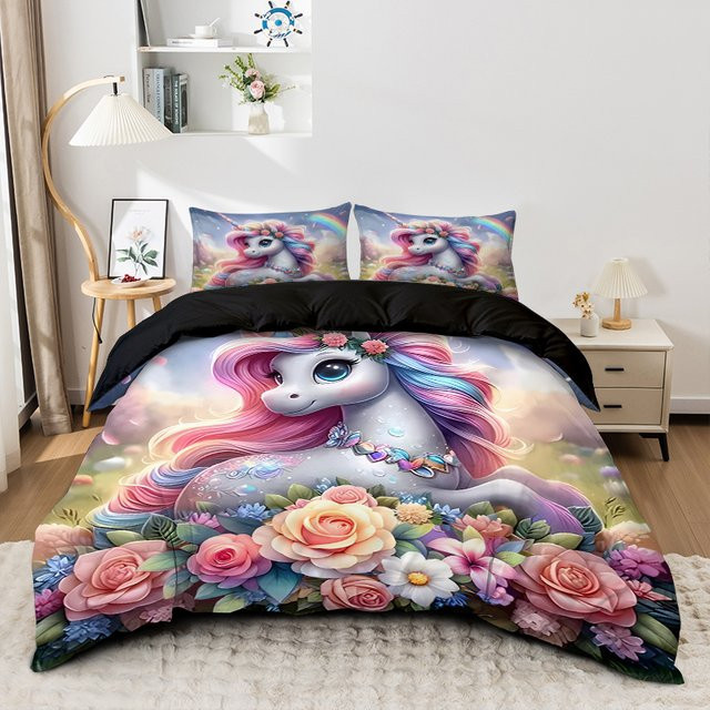 3-teiliges Cartoon-Einhorn-Bettwäsche-Set aus Polyester mit 3D-Digitaldruck in Mehrfarbig (1 Bettbezug und 2 Kissenbezüge) - Bild 1
