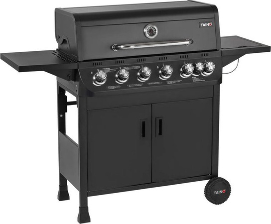 TAINO BRANDO Gasgrill in Schwarz mit 6 Brennern und 1 Seitenkocher inklusive Grillwagen, Thermometer und Warmhalterist
