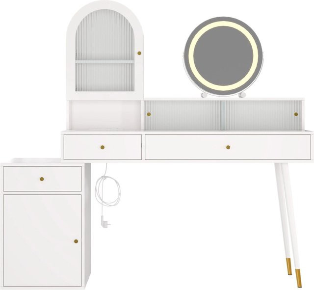 Merax Schminktisch in L-Form mit LED-Spiegel, USB-Type-C und Steckdose, Weiß, B: 140 cm, T: 40 cm, H: 76,7 cm - Bild 1
