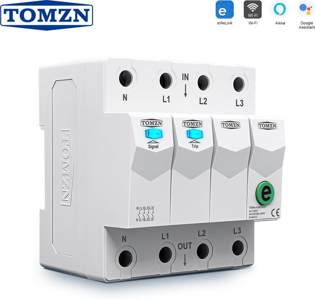 TOMZN EWeLink 4P WLAN Smart-Leistungsschalter 63A 3-Phasen mit Timer und Zeitsteuerung in Weiß - Bild 1